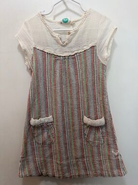 Roxy Cream Multicolor Striped Girls' Dress With Front Pockets